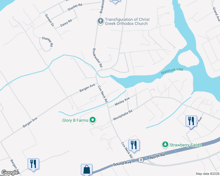 map of restaurants, bars, coffee shops, grocery stores, and more near 3200 Cox Neck Road in Mattituck