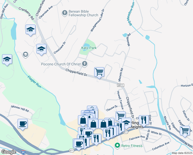 map of restaurants, bars, coffee shops, grocery stores, and more near Chipperfield Drive in Stroudsburg