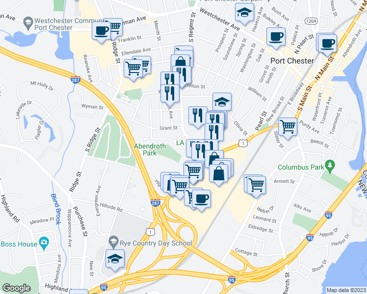 map of restaurants, bars, coffee shops, grocery stores, and more near 10 Gilbert Place in Port Chester
