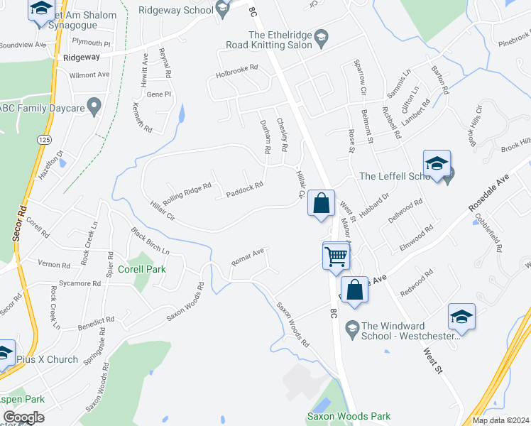 map of restaurants, bars, coffee shops, grocery stores, and more near 46 Hillair Circle in White Plains