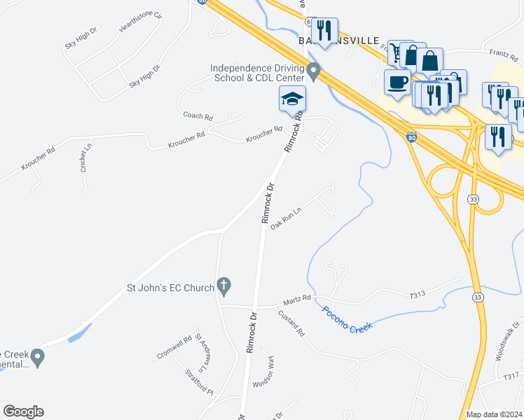 map of restaurants, bars, coffee shops, grocery stores, and more near 2661 Rimrock Drive in Stroudsburg