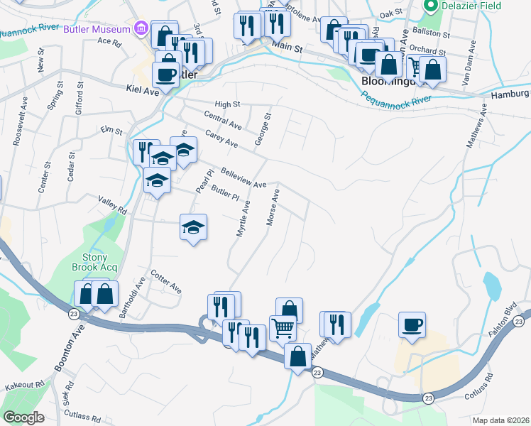 map of restaurants, bars, coffee shops, grocery stores, and more near 9 Morse Avenue in Butler