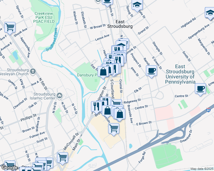 map of restaurants, bars, coffee shops, grocery stores, and more near 69 Washington Street in East Stroudsburg