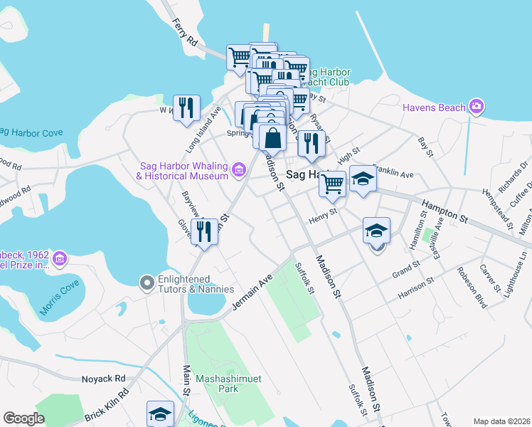 map of restaurants, bars, coffee shops, grocery stores, and more near 5 Suffolk Street in Sag Harbor