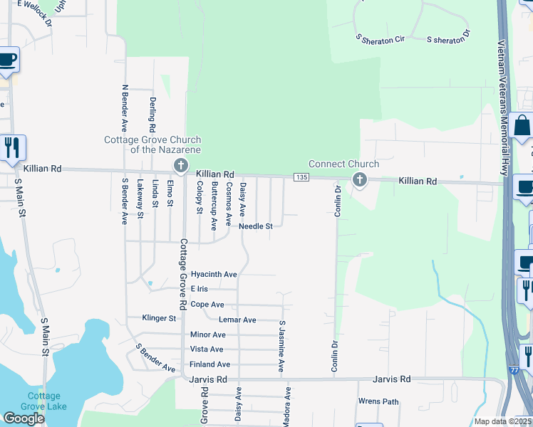 map of restaurants, bars, coffee shops, grocery stores, and more near 3084 Forget Me not Street in Akron