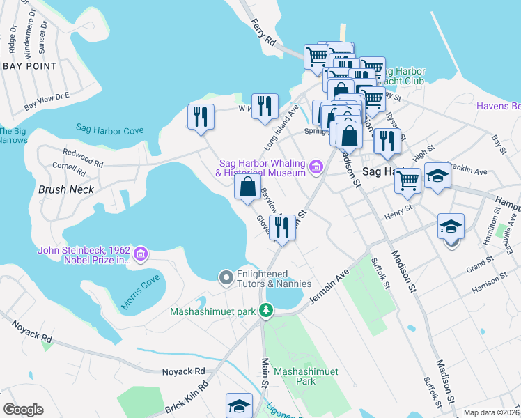 map of restaurants, bars, coffee shops, grocery stores, and more near 30 Bayview Avenue in Sag Harbor