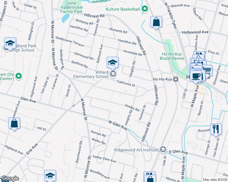 map of restaurants, bars, coffee shops, grocery stores, and more near Fairmount Road in Ridgewood