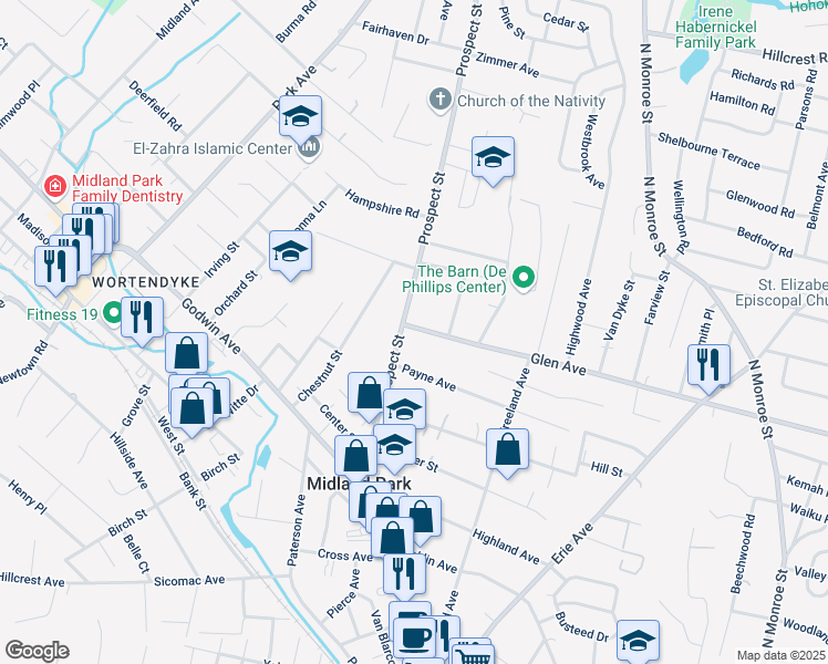 map of restaurants, bars, coffee shops, grocery stores, and more near 265 Glen Avenue in Midland Park