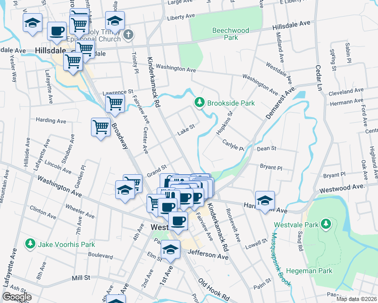 map of restaurants, bars, coffee shops, grocery stores, and more near 425 Kinderkamack Road in Westwood