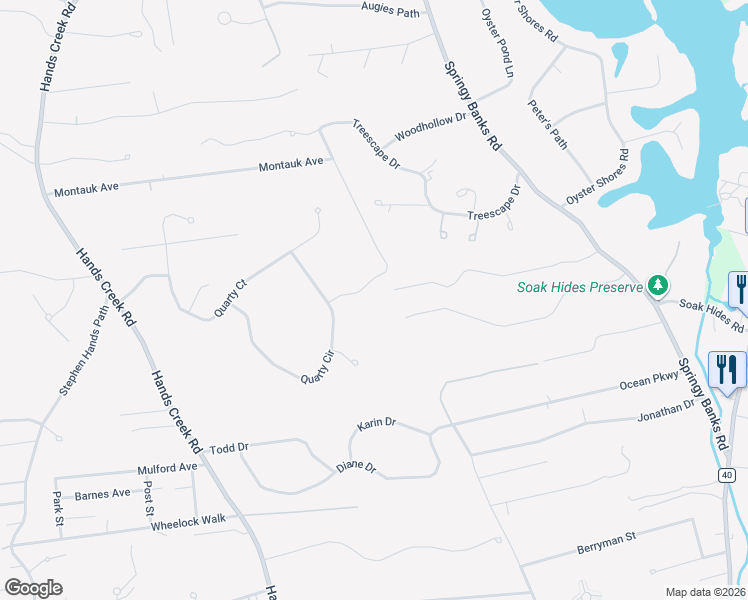 map of restaurants, bars, coffee shops, grocery stores, and more near 6 Trails End Road in East Hampton
