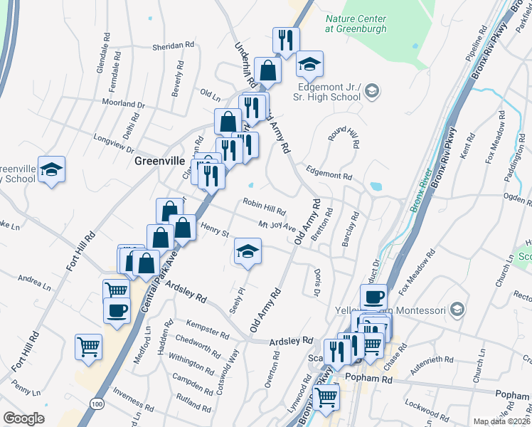 map of restaurants, bars, coffee shops, grocery stores, and more near 11 Robin Hill Road in Scarsdale