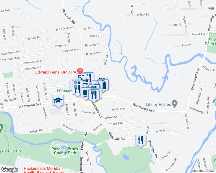 map of restaurants, bars, coffee shops, grocery stores, and more near 271 Peters Place in River Vale