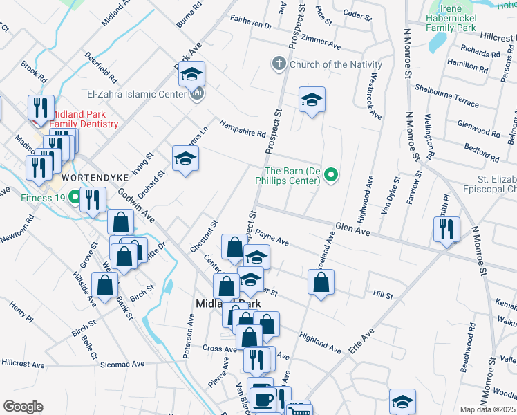 map of restaurants, bars, coffee shops, grocery stores, and more near 139 Prospect Street in Midland Park