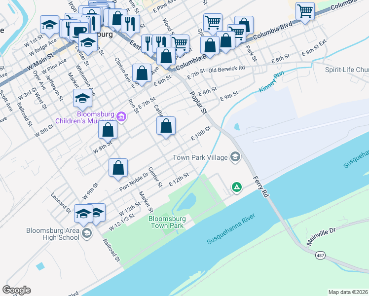 map of restaurants, bars, coffee shops, grocery stores, and more near 193 East 10th Street in Bloomsburg