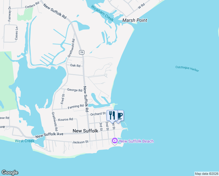 map of restaurants, bars, coffee shops, grocery stores, and more near 1165 Old Harbor Road in Southold