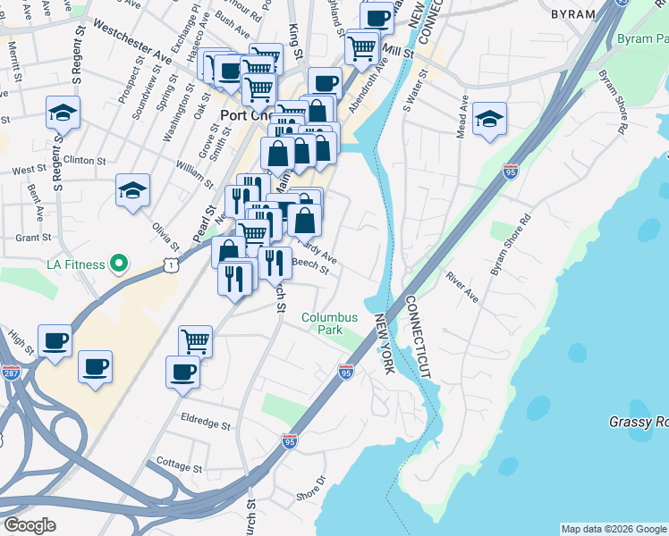 map of restaurants, bars, coffee shops, grocery stores, and more near 51 Purdy Avenue in Port Chester
