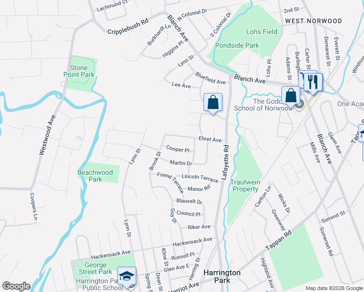 map of restaurants, bars, coffee shops, grocery stores, and more near 78 Ehret Avenue in Harrington Park