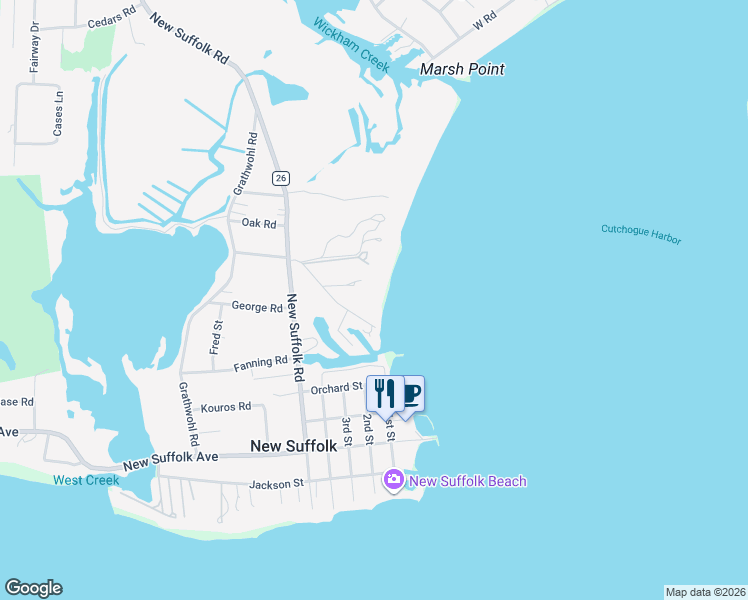 map of restaurants, bars, coffee shops, grocery stores, and more near 1165 Old Harbor Road in Southold