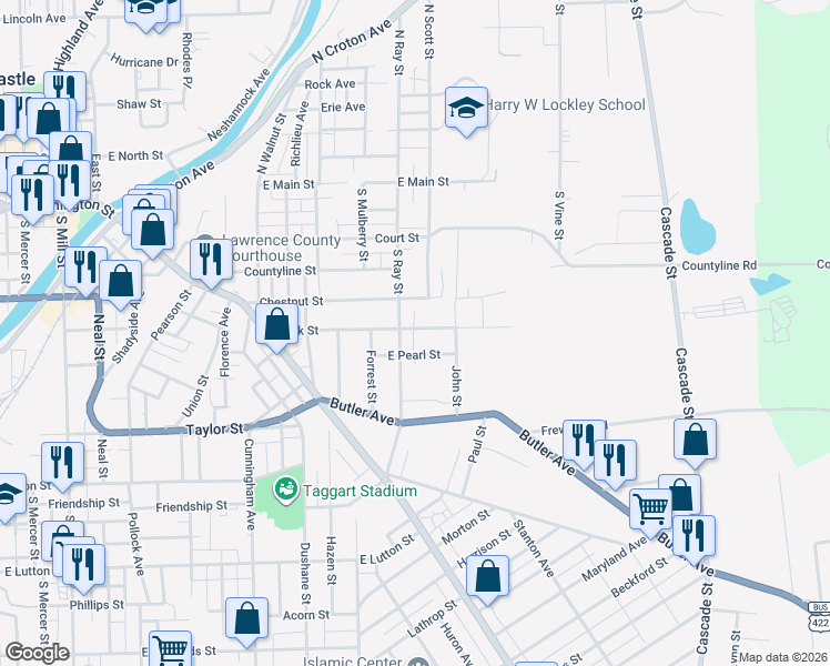 map of restaurants, bars, coffee shops, grocery stores, and more near 513 South Ray Street in New Castle