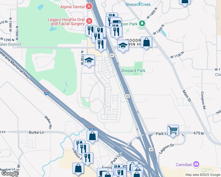 map of restaurants, bars, coffee shops, grocery stores, and more near 929 Spring Creek Lane in Farmington