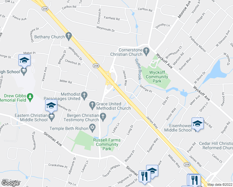 map of restaurants, bars, coffee shops, grocery stores, and more near 476 William Way North in Wyckoff