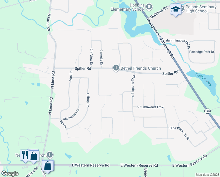 map of restaurants, bars, coffee shops, grocery stores, and more near 2682 Morningside Place in Youngstown