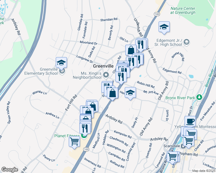 map of restaurants, bars, coffee shops, grocery stores, and more near 16 Dorchester Drive in Scarsdale