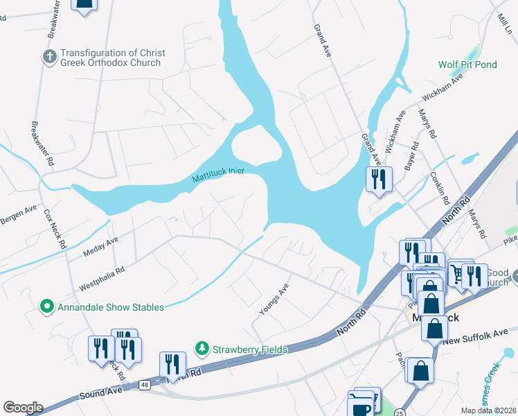 map of restaurants, bars, coffee shops, grocery stores, and more near 1605 Point Pleasant Road in Mattituck