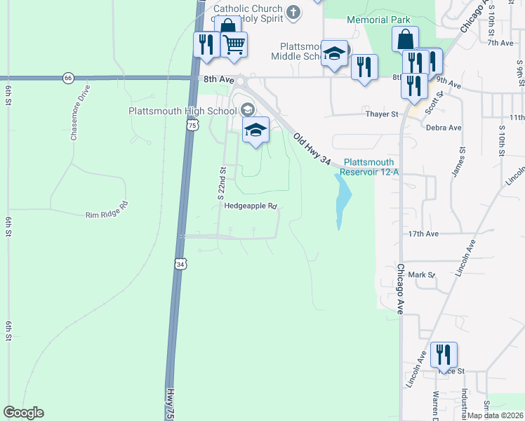 map of restaurants, bars, coffee shops, grocery stores, and more near 2116 Hedgeapple Road in Plattsmouth