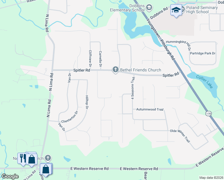 map of restaurants, bars, coffee shops, grocery stores, and more near 2682 Morningside Place in Youngstown