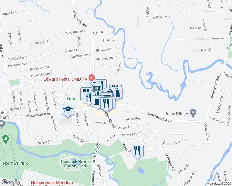 map of restaurants, bars, coffee shops, grocery stores, and more near 271 Peters Place in River Vale