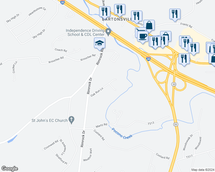 map of restaurants, bars, coffee shops, grocery stores, and more near 39 Oak Run Lane in Stroudsburg