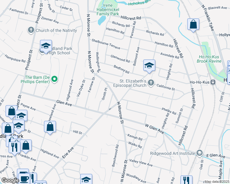 map of restaurants, bars, coffee shops, grocery stores, and more near 525 North Monroe Street in Ridgewood