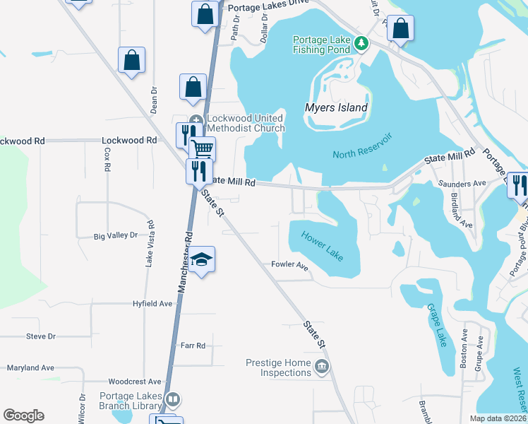 map of restaurants, bars, coffee shops, grocery stores, and more near 900 State Mill Road in Akron