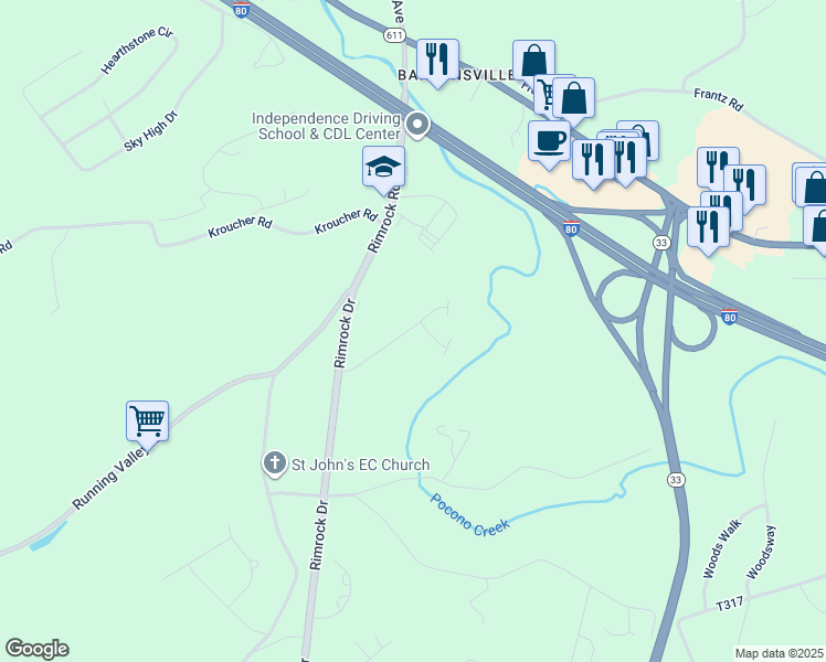 map of restaurants, bars, coffee shops, grocery stores, and more near 39 Oak Run Ln in Stroudsburg