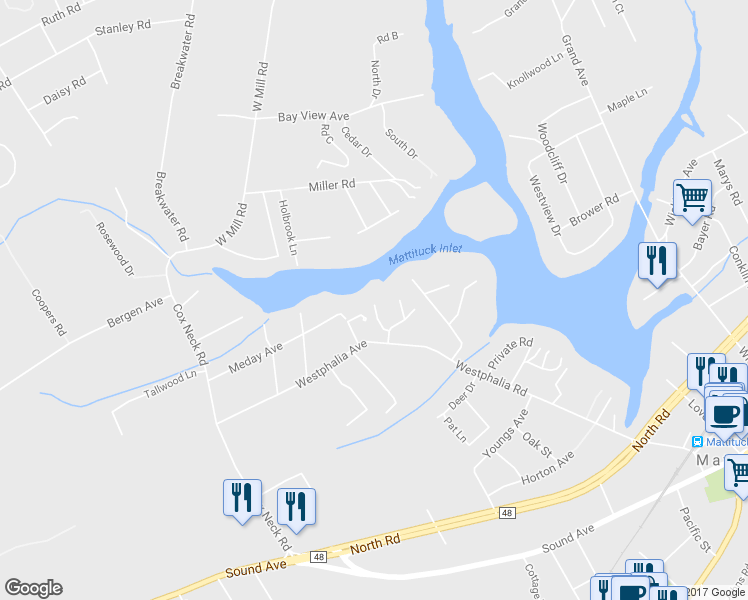 map of restaurants, bars, coffee shops, grocery stores, and more near 4322 Westphalia Road in Mattituck