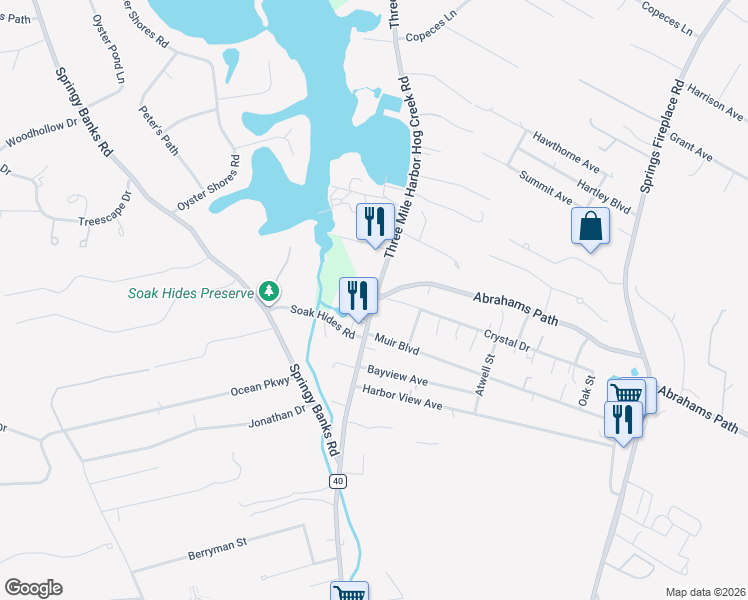 map of restaurants, bars, coffee shops, grocery stores, and more near 3 Crystal Drive in East Hampton