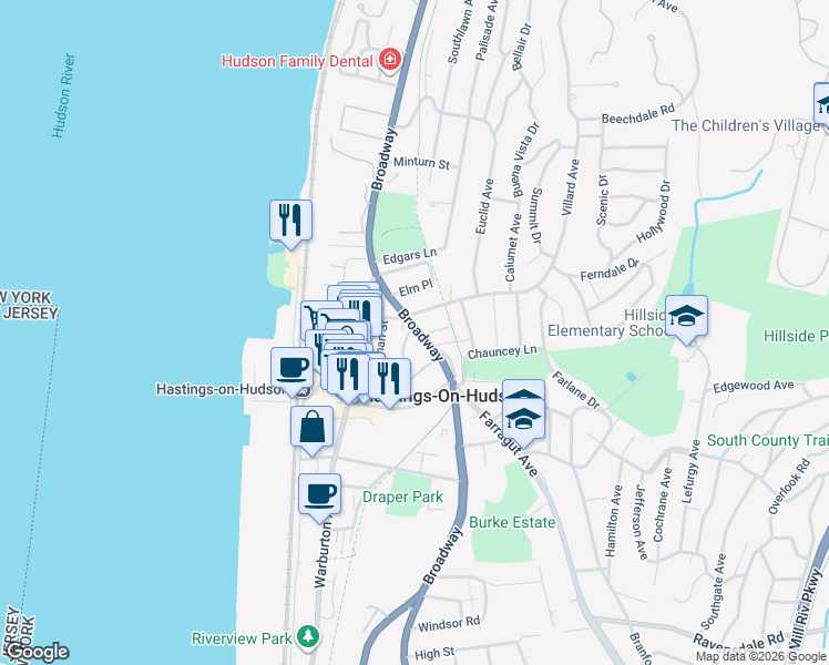 map of restaurants, bars, coffee shops, grocery stores, and more near 565 Broadway in Hastings-on-Hudson