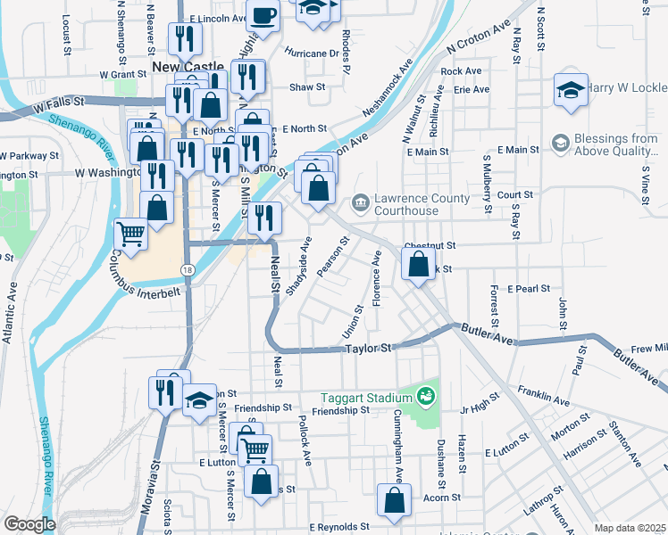map of restaurants, bars, coffee shops, grocery stores, and more near 225 Pearson Street in New Castle