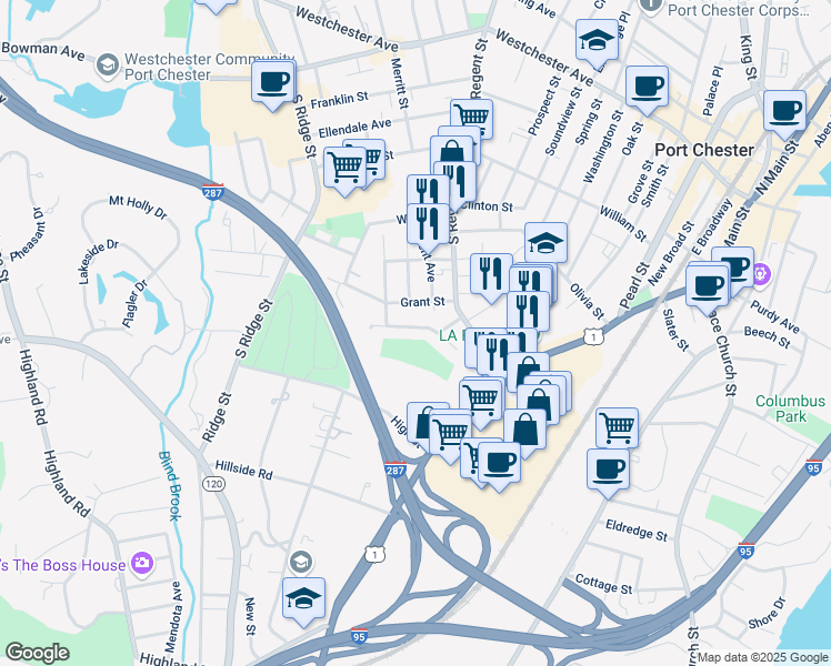 map of restaurants, bars, coffee shops, grocery stores, and more near 123 Touraine Avenue in Port Chester