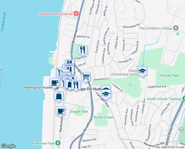 map of restaurants, bars, coffee shops, grocery stores, and more near 25 Croton Avenue in Hastings-on-Hudson