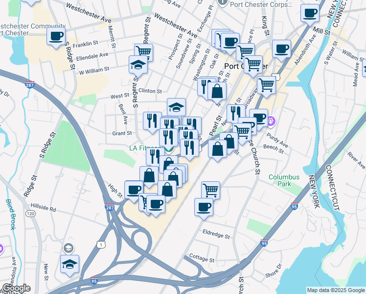 map of restaurants, bars, coffee shops, grocery stores, and more near 264 Boston Post Road in Port Chester