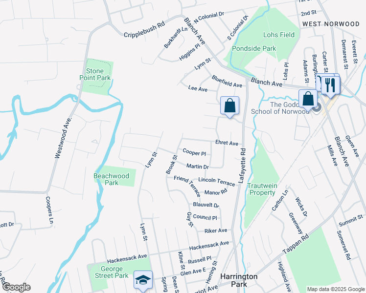 map of restaurants, bars, coffee shops, grocery stores, and more near 55 Cooper Place in Harrington Park