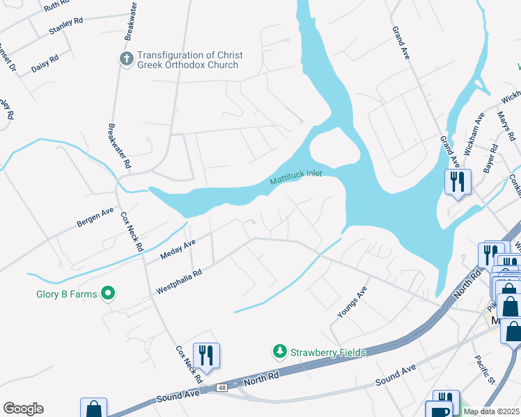 map of restaurants, bars, coffee shops, grocery stores, and more near 4322 Westphalia Road in Mattituck