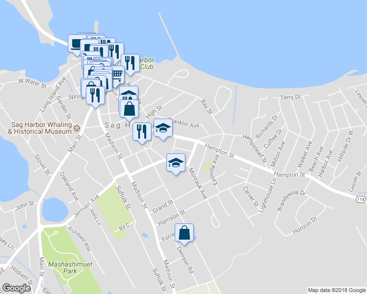 map of restaurants, bars, coffee shops, grocery stores, and more near 9 Ackerly Street in Sag Harbor