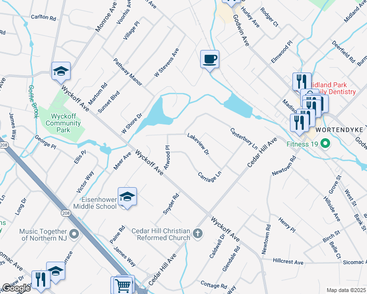 map of restaurants, bars, coffee shops, grocery stores, and more near 372 Carriage Lane in Wyckoff