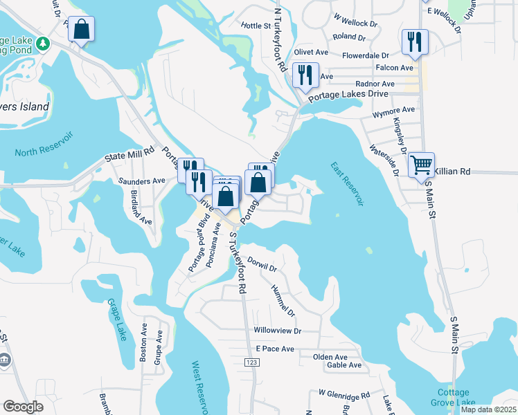 map of restaurants, bars, coffee shops, grocery stores, and more near 404 Portage Lakes Drive in Akron