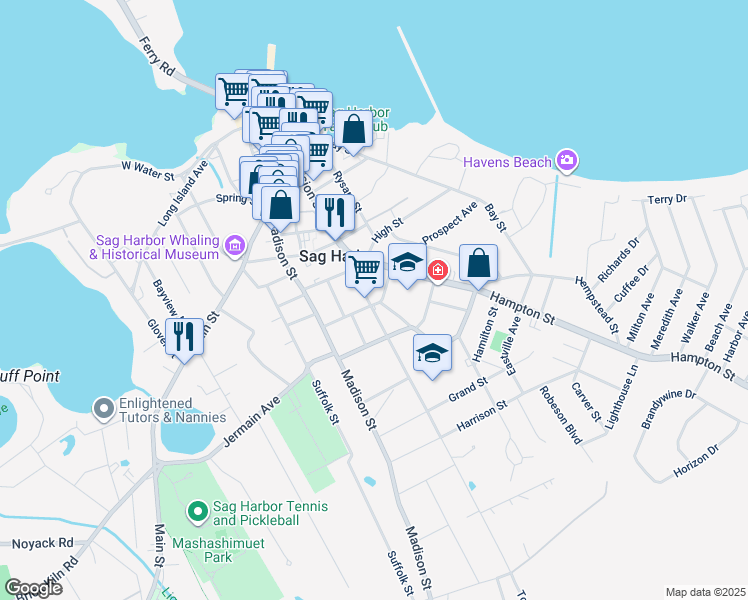 map of restaurants, bars, coffee shops, grocery stores, and more near 41 Henry St in Sag Harbor