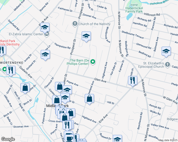 map of restaurants, bars, coffee shops, grocery stores, and more near 30 Dairy Street in Midland Park