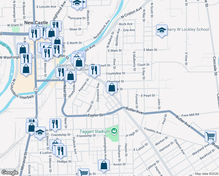 map of restaurants, bars, coffee shops, grocery stores, and more near 537 East Washington Street in New Castle